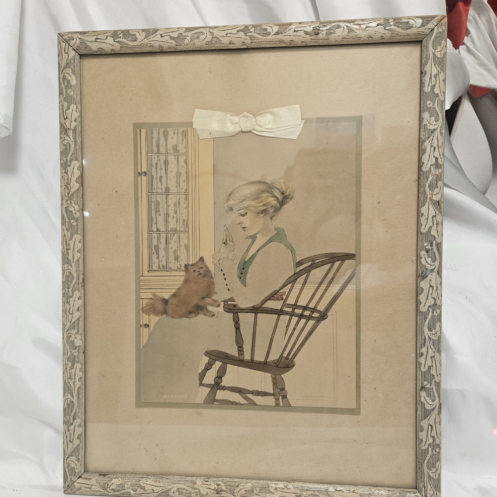 Antique C. E. Perry Chromatic Art Noveau Print in Antique Frame, Lady and Cat
